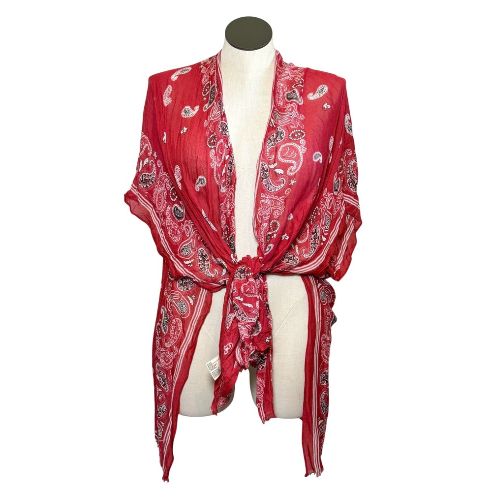 Quagga Red Paisley Bandana Print Kimono Open Front Cardigan Cover Up One Size